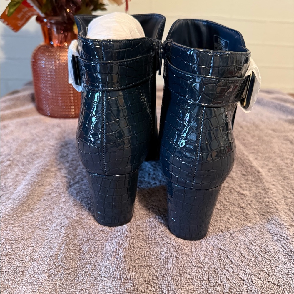 Jones New York Navy Suede Ankle Booties with Croc Heel Accent - Picture 4 of 5